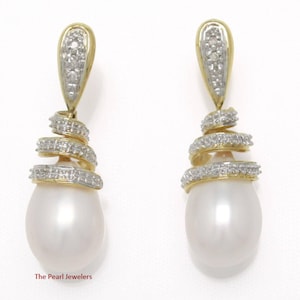 14k Yellow Gold Diamond & White Pearl Dangle Stud Earrings