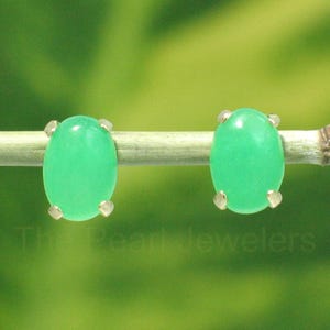 14K Yellow Gold Oval Green Jade Cabochon Stud Earrings