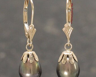 14k Yellow Gold Leverback Cups Black Pearl Dangle Earrings