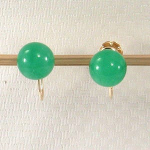 14K Yellow Gold Non-Pierced French Screw Back Green Jade Earrings