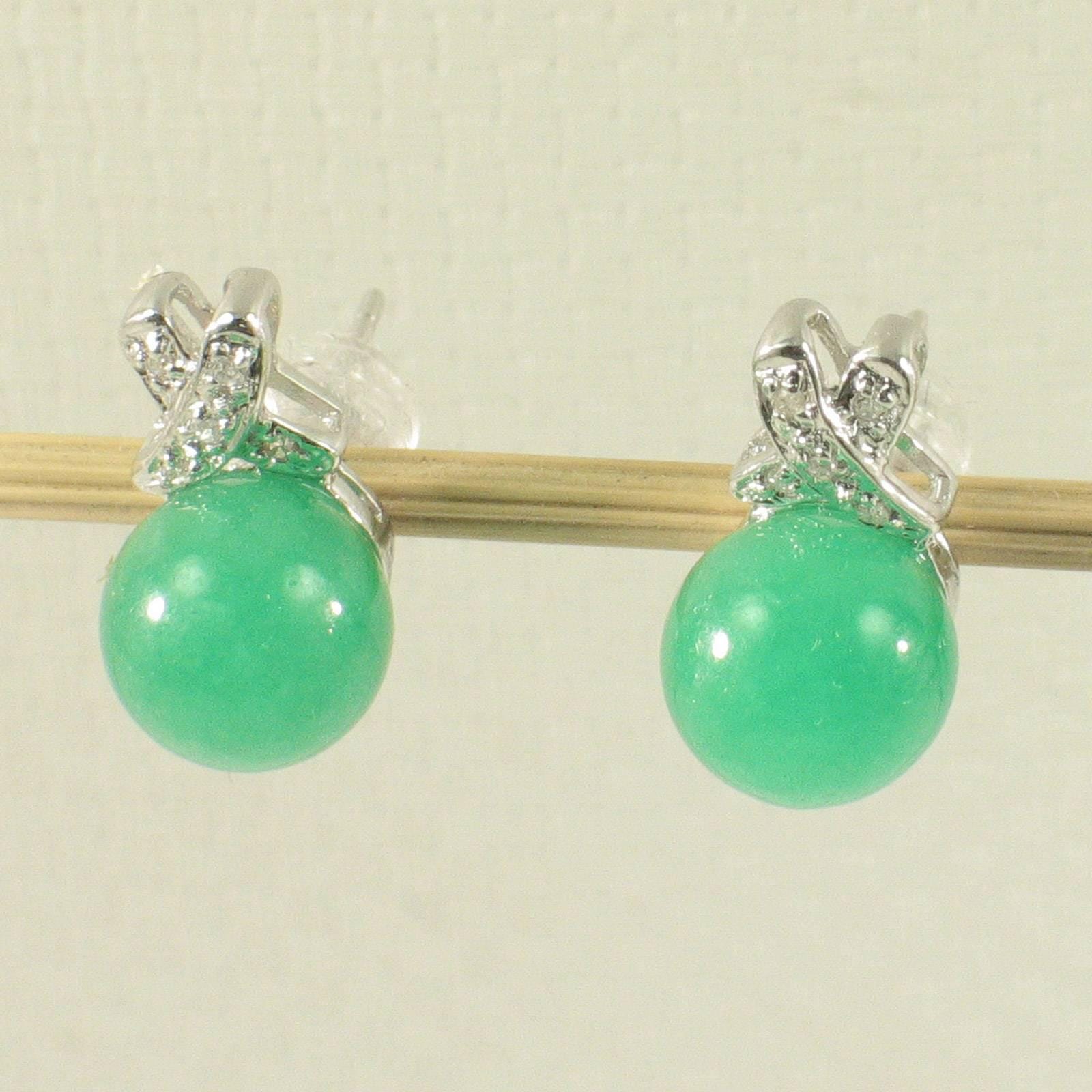 14K White Gold X-Design Diamond & Green Jade Stud Earrings