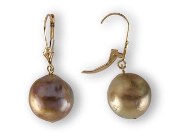 Solid 14k Yellow Gold Leverback Baroque Lavender Pearl Dangle Earrings (Petite)