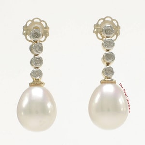 14k Yellow Gold Genuine Diamonds White Pearl Dangle Stud Earrings