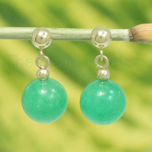 14K Yellow Gold Ball Dangle Green Jade Bead Stud Earrings