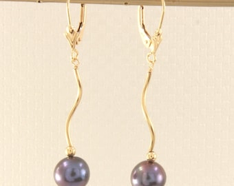 Solid 14k Yellow Gold Leverback Black Pearl Dangle Earrings
