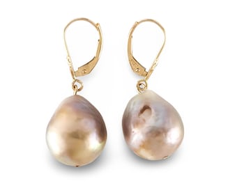 Solid 14k Yellow Gold Leverback Baroque Lavender Pearl Dangle Earrings