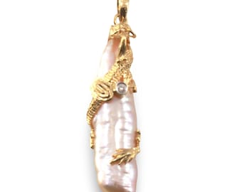 Dragon Wrapped Biwa Pearl Pendant - 14k Yellow Gold with Diamond