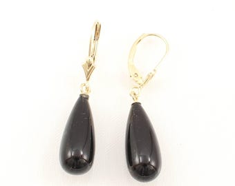14K Yellow Gold Leverback Black Onyx Drop Earrings
