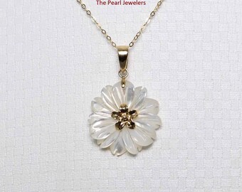 14K Yellow Gold Carved Plumeria Mother of Pearl Pendant