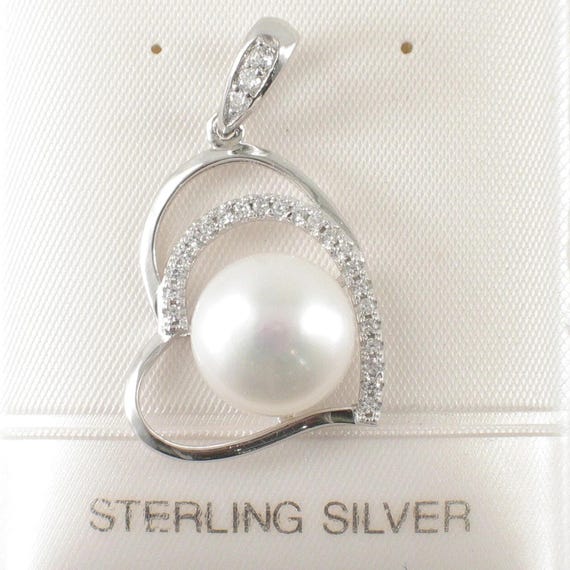 Sterling Silver 925 Open Heart White Pearl & CZ Pendant - Etsy