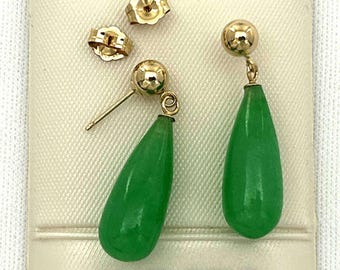 14K Yellow Gold Green Jade Teardrop Earrings