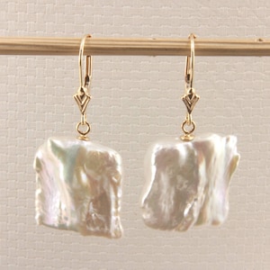 14K Yellow Gold White Coin Pearl Dangle Earrings (16mm)