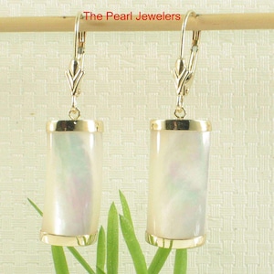 14K Yellow Gold Leverback Curved White Mother of Pearl Earrings