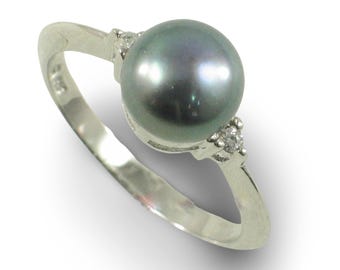 Solid Silver .925 Black Pearl CZ Accent Ring