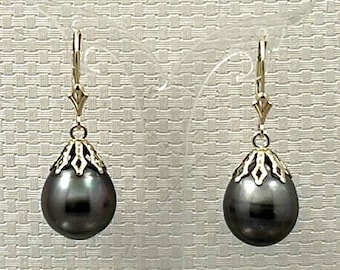 14k Yellow Gold Black Baroque Tahitian Pearl Leverback Dangle Earrings