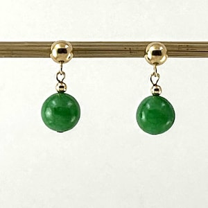 14K Yellow Gold Green Jade Post Dangle Earrings