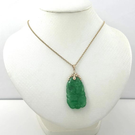 14k Solid Yellow Gold Green Jade Double-sided Carving Pendant