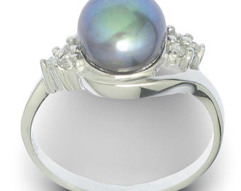 Solid Silver .925 Black-Pearl CZ Accent Ring
