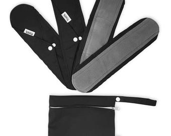Charcoal Bamboo Cloth Pads: 4 Heavy Flow Overnight Pads + 1 Waterproof Wetbag