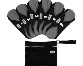 Charcoal Bamboo Cloth Pads: 6 Medium Flow Pads + 1 Waterproof Wetbag