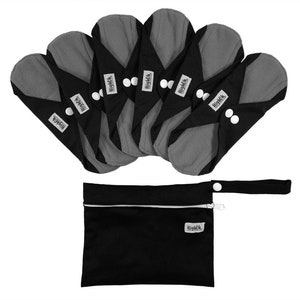 Charcoal Bamboo Cloth Pads: 6 Medium Flow Pads + Waterproof Wetbag