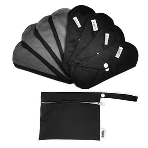 Anthrazitfarbene Bambus Stoffbinden: 8 Light Flow Pads/Pantyliners + 1 Wasserdichte Wetbag