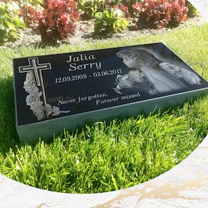 12x24x3 inch Human Headstone, Tombstone, Grave Marker, Black Granite, Diamond Engraved