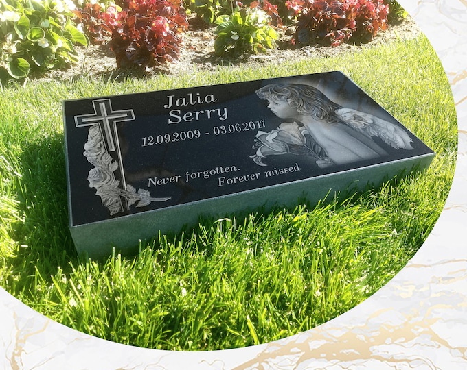 12x24x3 inch Human Headstone, Tombstone, Grave Marker, Black Granite, Diamond Engraved