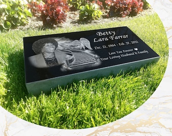 Flat Headstone Grave Marker Black Granite Diamond Engraved
