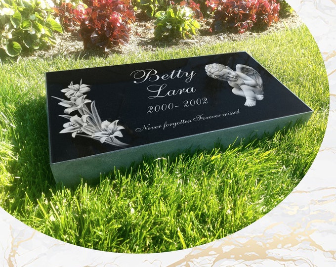 Flat Headstone Grave Marker Black Granite Diamond Engraved