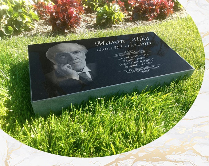 12x24x3 inch Human Headstone, Tombstone, Grave Marker, Black Granite, Diamond Engraved