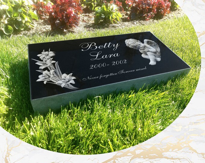 12x24x3 inch Human Headstone, Tombstone, Grave Marker, Black Granite, Diamond Engraved