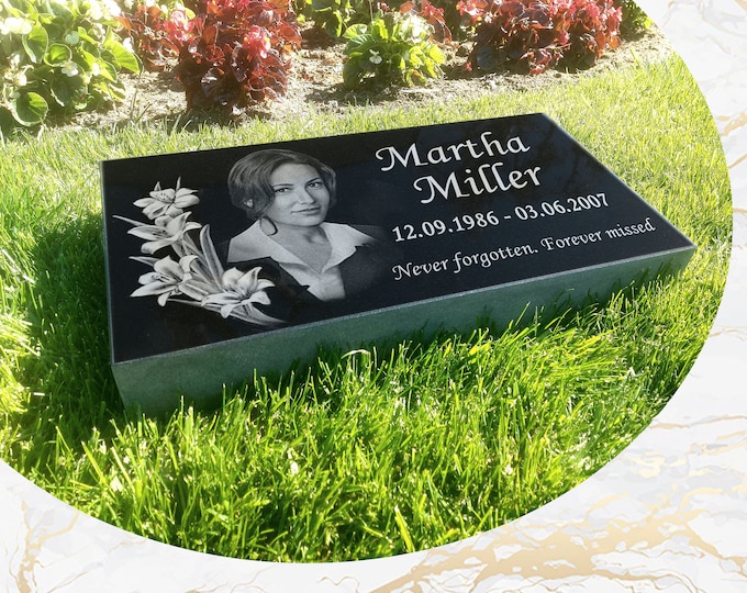 12x24x4 inch Human Headstone, Tombstone, Grave Marker, Black Granite, Diamond Engraved