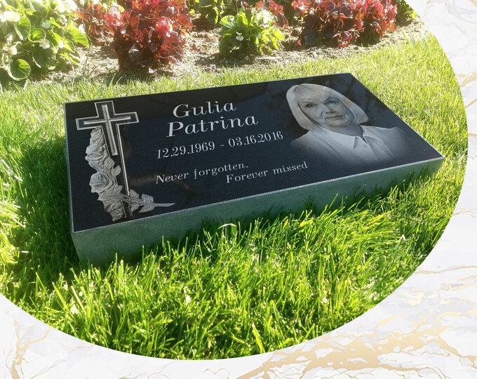 12x24x3 inch Human Headstone, Tombstone, Grave Marker, Black Granite, Diamond Engraved