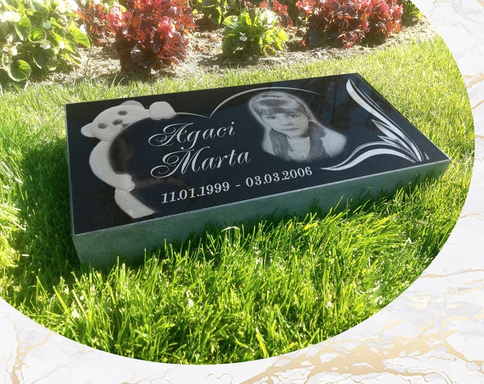 12x24x3 inch Human Headstone, Tombstone, Grave Marker, Black Granite, Diamond Engraved