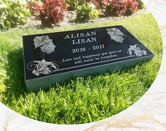 12x24x3 inch Human Headstone, Tombstone, Grave Marker, Black Granite, Diamond Engraved
