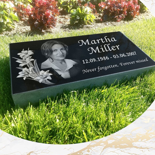 12x24x4 inch Human Headstone, Tombstone, Grave Marker, People, Black Granite, Diamond Engraved