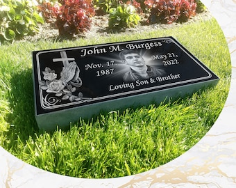 12x24x3 inch Human Headstone, Tombstone, Grave Marker, Black Granite, Diamond Engraved, Canada