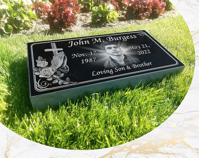12x24x3 inch Human Headstone, Tombstone, Grave Marker, Black Granite, Diamond Engraved, Canada