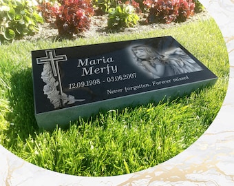 12x24x4 inch Human Headstone, Tombstone, Grave Marker, Black Granite, Diamond Engraved