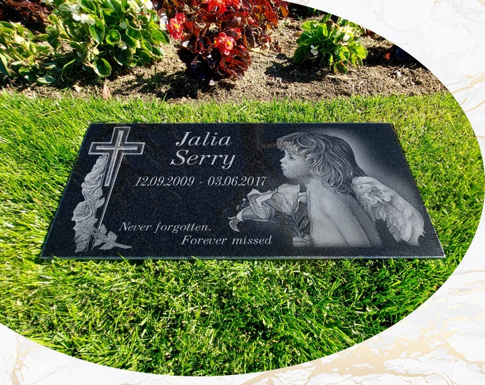 12x24x0.75 Human Headstone, Tombstone on the Grave Marker Granite, People, Diamond Engraved