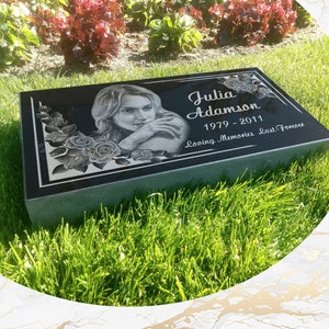 Flat Headstone Grave Marker Black Granite Diamond Engraved
