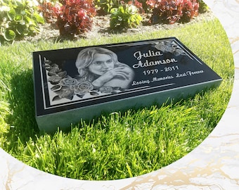 Flat Headstone Grave Marker Black Granite Diamond Engraved
