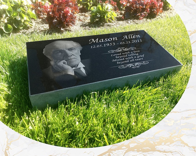 Flat Headstone 20x10x3 inches Black Granite, Diamond Engraved
