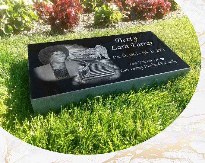 12x24x4 inch Human Headstone, Tombstone, Grave Marker, Black Granite, Diamond Engraved