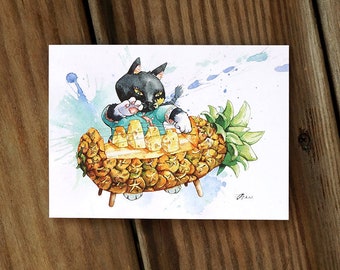 Cats and pineapple Guzheng music fruit food Cat Watercolor Painting Digital printed Postcard Watercolor Painting Pet Watercolor Art