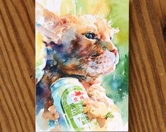 Cheers! Cat Watercolor Painting Cat Watercolor Postcard Digital printed postcard Cat Postcard Watercolor Painting Pet Watercolor Cat Art