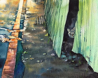 Original Cat Painting Artwork Taiwan Aquarelle Animal Carte postale Cat Scenery Art Gift Memorial Pet