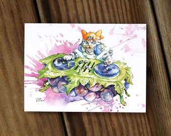 Chats et raisins DJ disco musique fruits nourriture Chat Aquarelle Peinture Carte postale imprimée numérique Aquarelle Peinture Pet Aquarelle Art