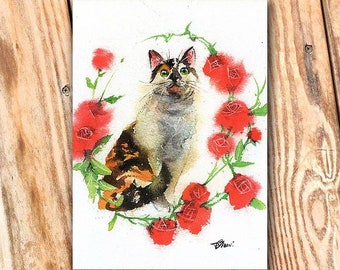 Rose Calico Cat Watercolor Painting Cat Watercolor Postcard Digital printed postcard Cat Postcard Watercolor Painting Pet Watercolor Art